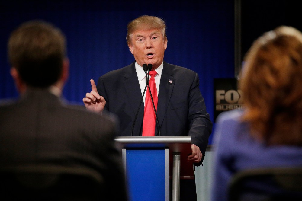 Republican presidential candidate, businessman Donald Trump speaks during the sixth Republican presidential debate at the North Charleston Coliseum, Jan. 14, 2016, in North Charleston, S.C. (Photo by Chuck Burton/AP)
