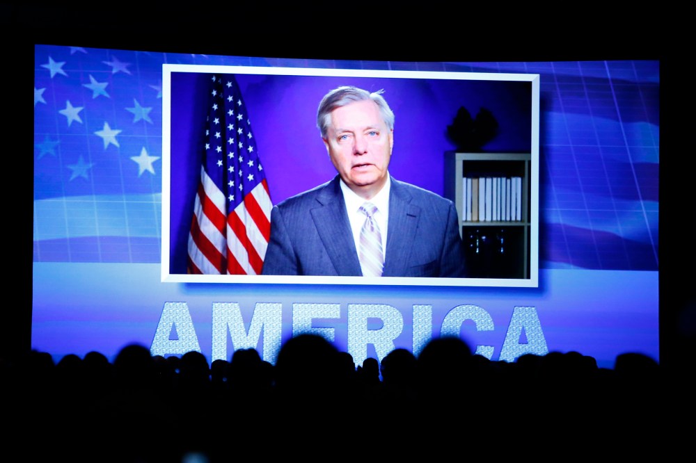 U.S. Sen. Lindsey Graham speaks to the Southern Republican Leadership Conference in Oklahoma City, Friday, May 22, 2015, via video teleconference from Washington. (Photo by Alonzo Adams/AP)