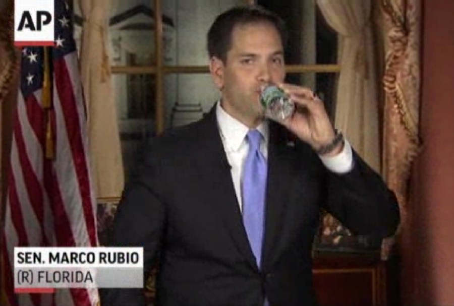 In this frame grab from video, Florida Sen. Marco Rubio takes a sip of water during his Republican response to President Barack Obama's State of the Union address, Feb. 12, 2013, in Washington. (Photo by Pool/AP)
