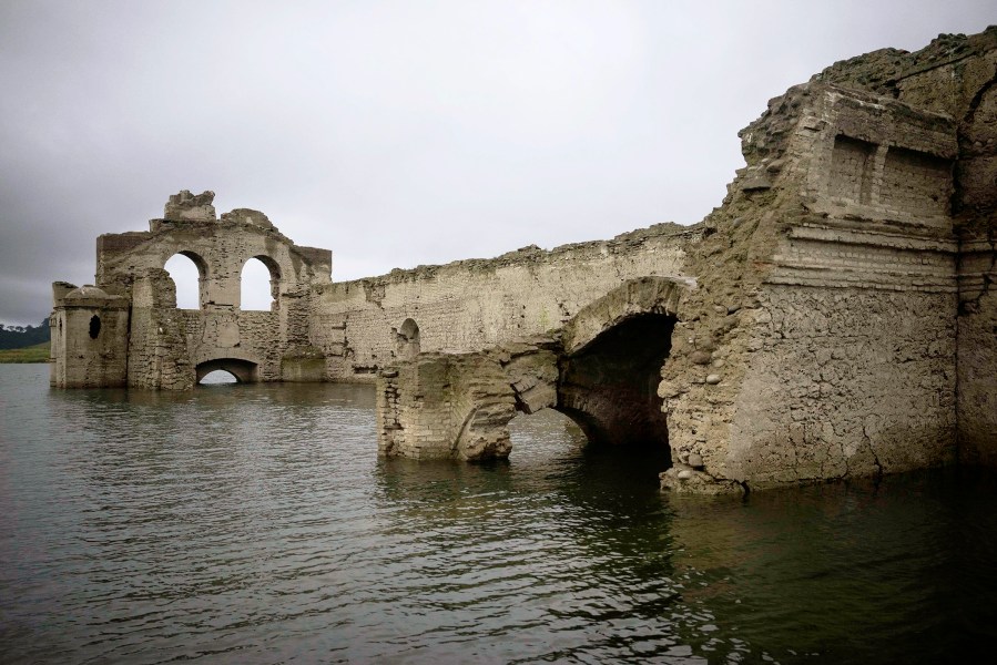 The remains of a mid-16th century church known as the Temple of Santiago, visible from the surface of the Grijalva River due to the lack of rain near the town of Nueva Quechula, in Chiapas state, Mexico, Oct. 16, 2015. (Photo by David von Blohn/AP)