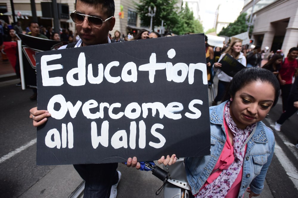 High school students protest in downtown Portland, Ore., on May 23, 2016. (Photo by Alex Milan Tracy/AP)