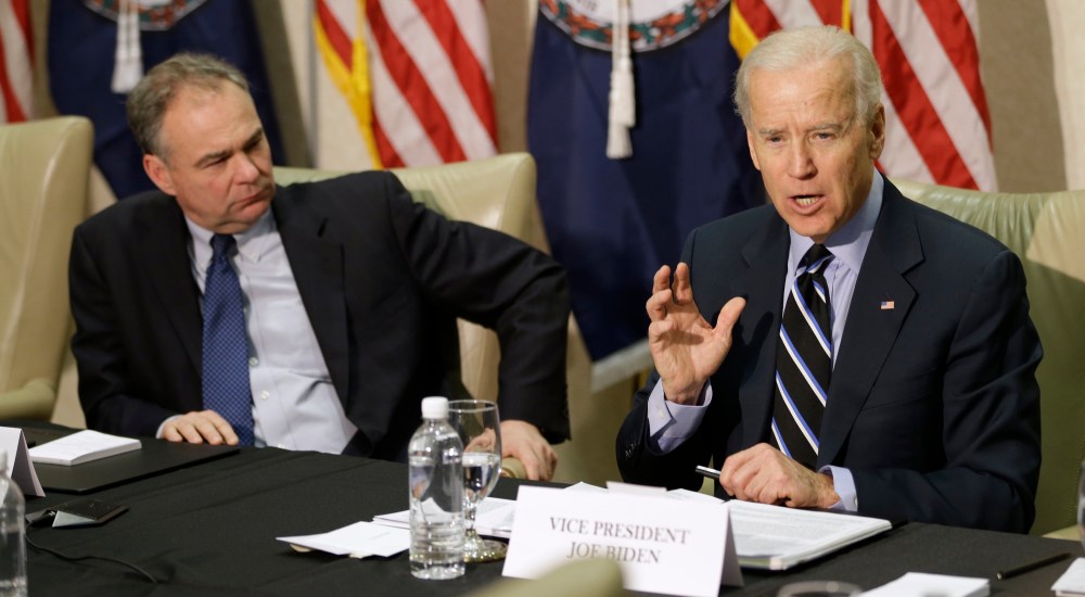 Sen. Tim Kaine, D-Va. listens at left as Vice President Joe Biden gestures during a round table discussion on gun violence at Virginia Commonwealth University in Richmond, Va., Friday, Jan. 25, 2013. The panelists included officials who worked on the...