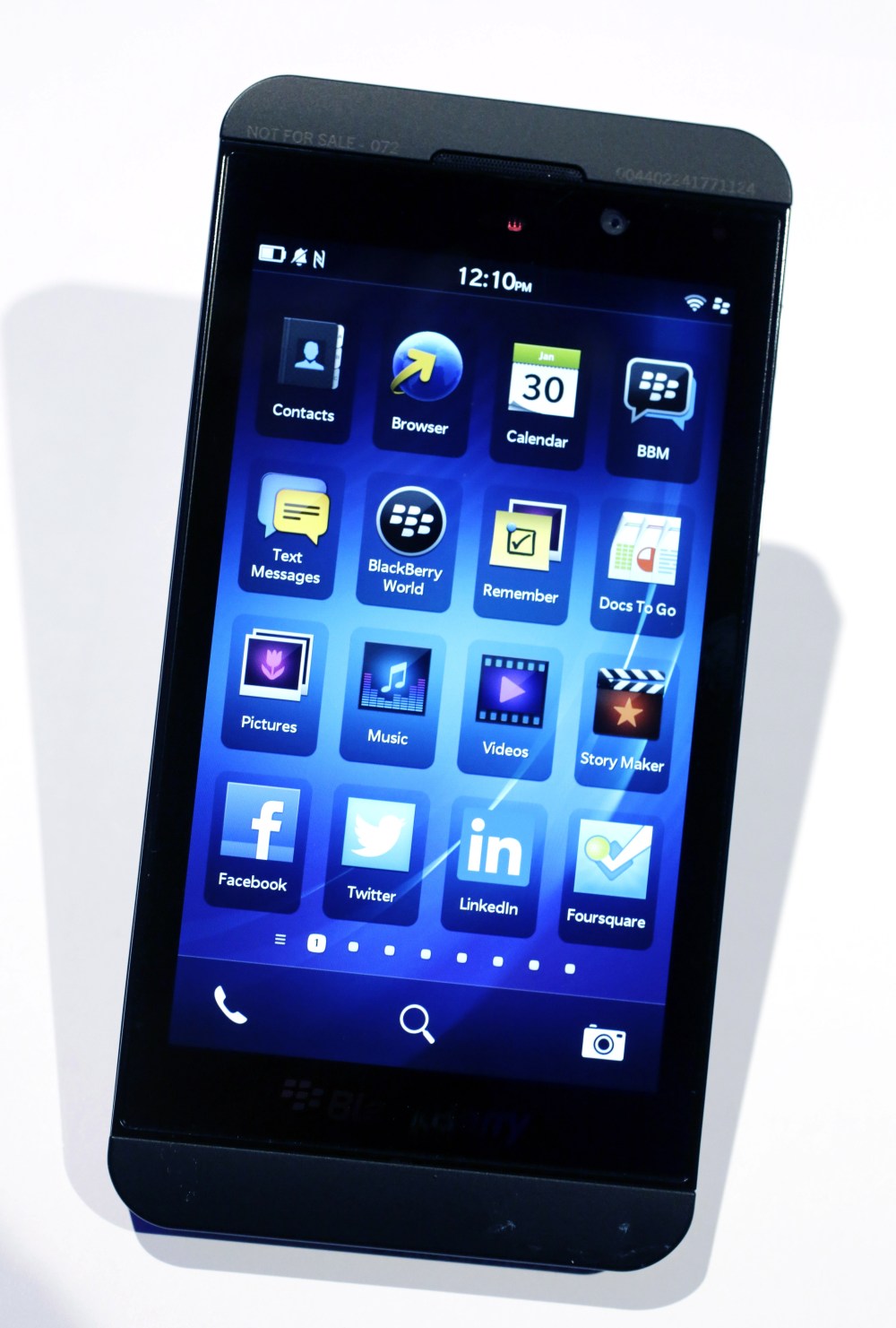 The BlackBerry Z10 is displayed, Wednesday, Jan. 30, 2013 in New York. The maker of the BlackBerry smartphone is promising a speedy browser, a superb typing experience and the ability to keep work and personal identities separate on the same phone, the...