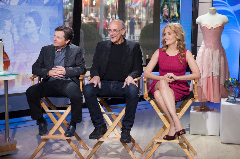 Michael J. Fox (left), Christopher Lloyd (center) and Leah Thompson (right) celebrate "Back to the Future" Day on NBC's "The TODAY Show" on October 21, 2015.