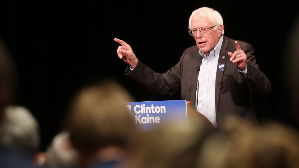 Sen. Bernie Sanders, I-Vt., speaks to a crowd as he campaigns for Democratic presidential candidate Hillary Clinton at Monona Terrace Community and Convention Center, Oct. 5, 2016, in Madison, Wis. (Photo by Amber Arnold/Wisconsin State Journal/AP)