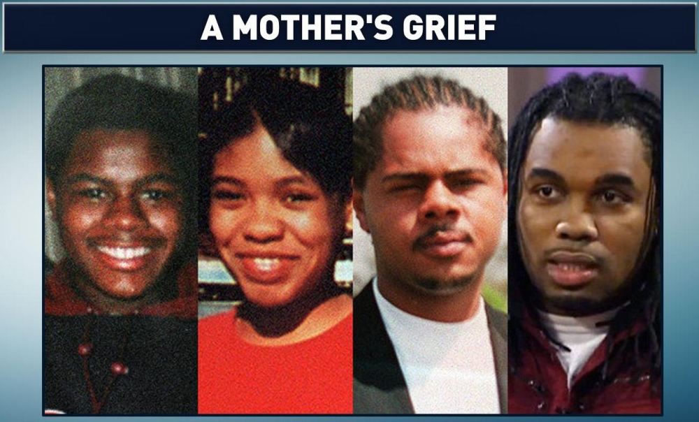 The four children of Shirley Chambers, all lost to gun violence. Siblings from left: Carlos, LaToya, Jerome and Ronnie Chambers. (Photos via Chicago Tribune)