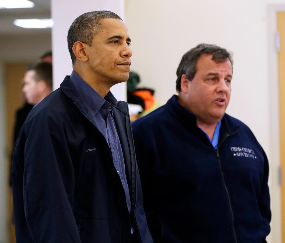 President Barack Obama and New Jersey Gov. Chris Christie visit the Brigantine Beach Community Center to meet with local residents, Wednesday, Oct. 31, 2012, in Brigantine, NJ. Obama traveled to Atlantic Coast to see first-hand the relief efforts...