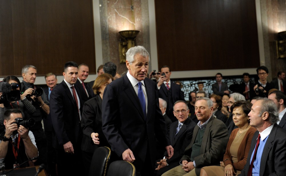 Former Republican Nebraska Sen. Chuck Hagel, President Barack Obama's choice for defense secretary, arrives on Capitol Hill in Washington, Thursday, Jan. 31, 2013, to testify before the Senate Armed Services Committee hearing on his nomination. (AP...