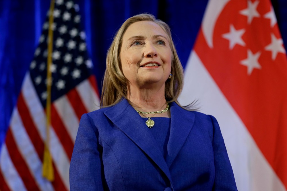 U. S. Secretary of State Hillary Rodham Clinton waits to speak as she is introduced at Singapore Management University, Saturday, Nov. 17, 2012, in Singapore. (AP Photo/Matt Rourke, Pool)