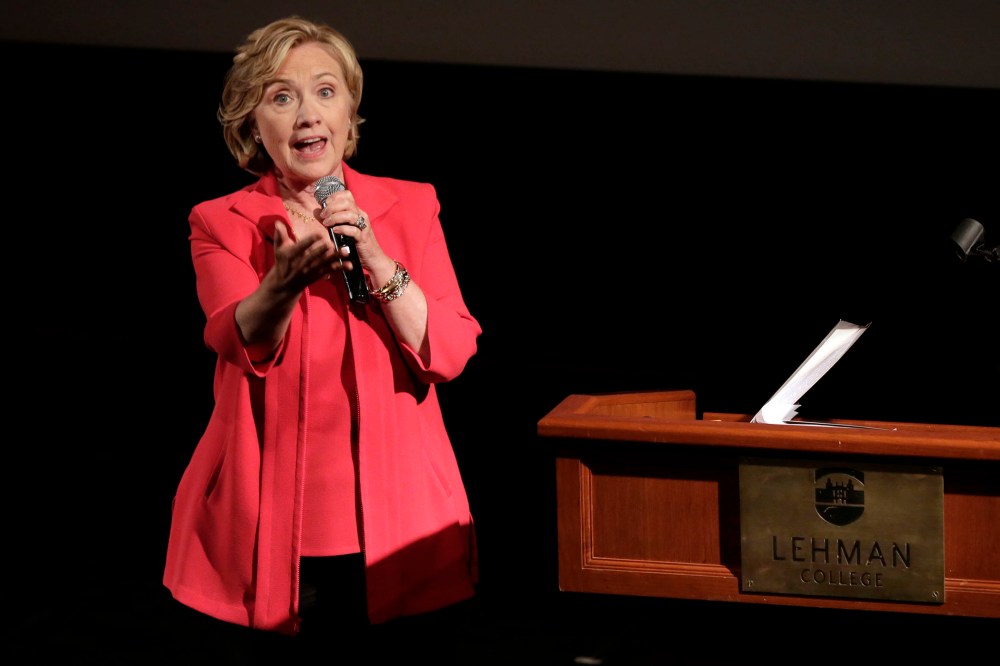 Hillary Clinton addresses an assembly at Lehman College, Friday, July 25, 2014.