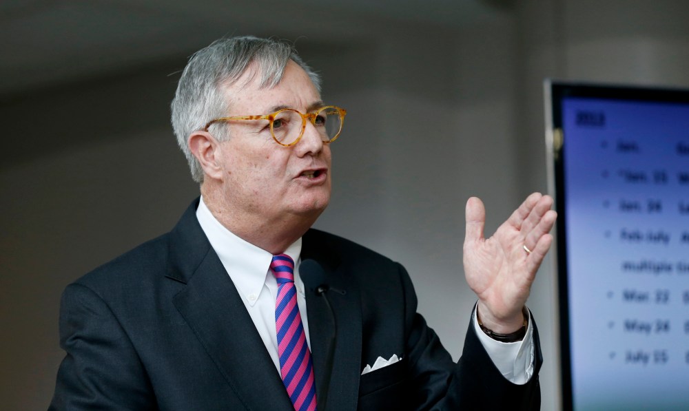 John Skvarla III, Secretary, North Carolina. Department of Environment and Natural Resources, talks during a press briefing at the Green Square office building in downtown Raleigh, N.C. Wednesday, Feb. 19, 2014.