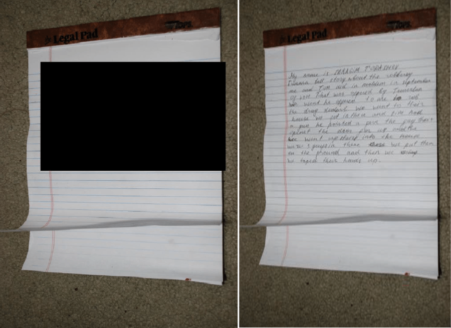 Redacted and unredacted photos of the confession law enforcement agents say Ibragim Todashev was writing before he was killed in an altercation with the FBI.