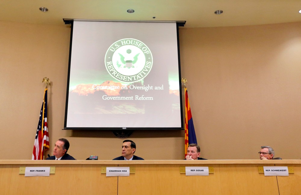 Rep. Trent Franks, R-Ariz., House Oversight and Government Reform Committee Chairman Darrell Issa, R-Calif., U.S. Rep. Paul Gosar, R-Ariz.,and U.S. Rep. David Schweikert, R-Ariz., take testimony during a Congressional Field Hearing on the Affordable Care