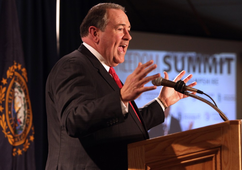 Former Arkansas Gov. and Republican presidential candidate Mike Huckabee speaks at a GOP Freedom Summit, Saturday, April 12, 2014, in Manchester, N.H.