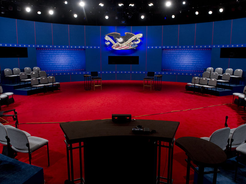 The stage is set prior for the second presidential debate Tuesday at the David Mack Center at Hofstra University in Hempstead, New York. (Saul Loeb/AFP Photo)