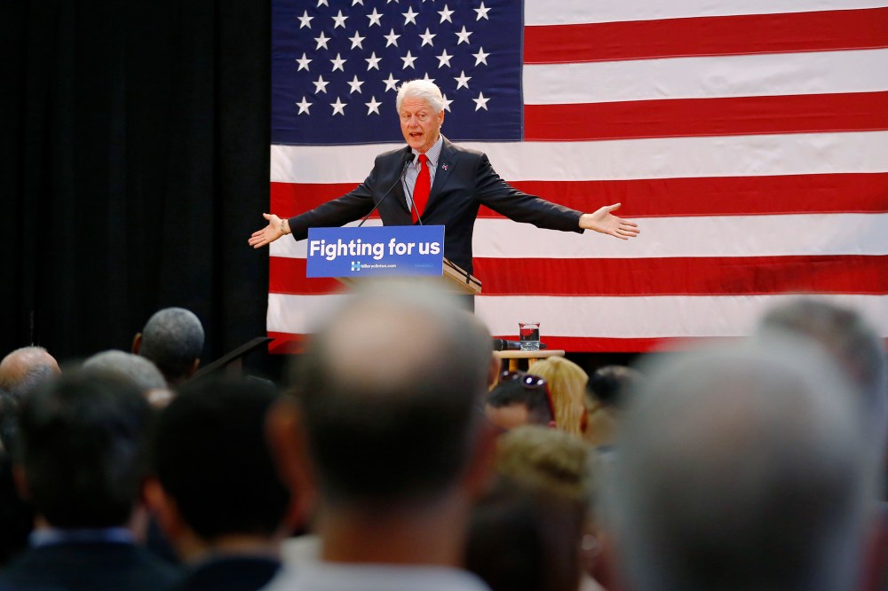 Former President Bill Clinton speaks while campaigning for his wife, Democratic presidential candidate Hillary Clinton, May 13, 2016, at Passaic County Community College in Paterson, N.J. (Photo by Julio Cortez/AP)