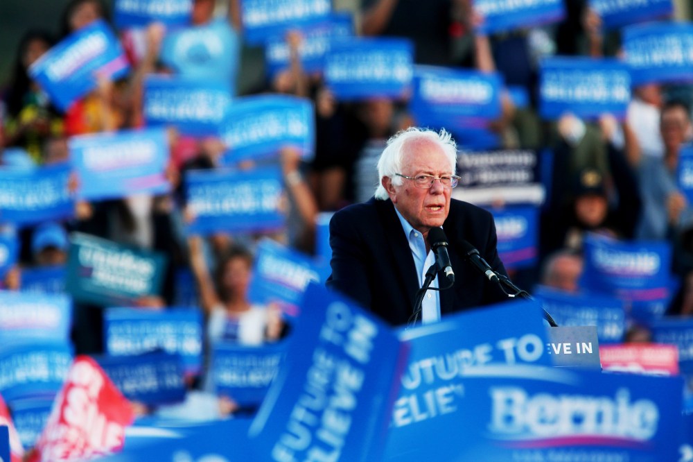 Democratic presidential candidate Sen. Bernie Sanders speaks during a campaign rally at Qualcomm Stadium on June 5, 2016 in San Diego, Calif. (Photo by Sandy Huffaker/AP)