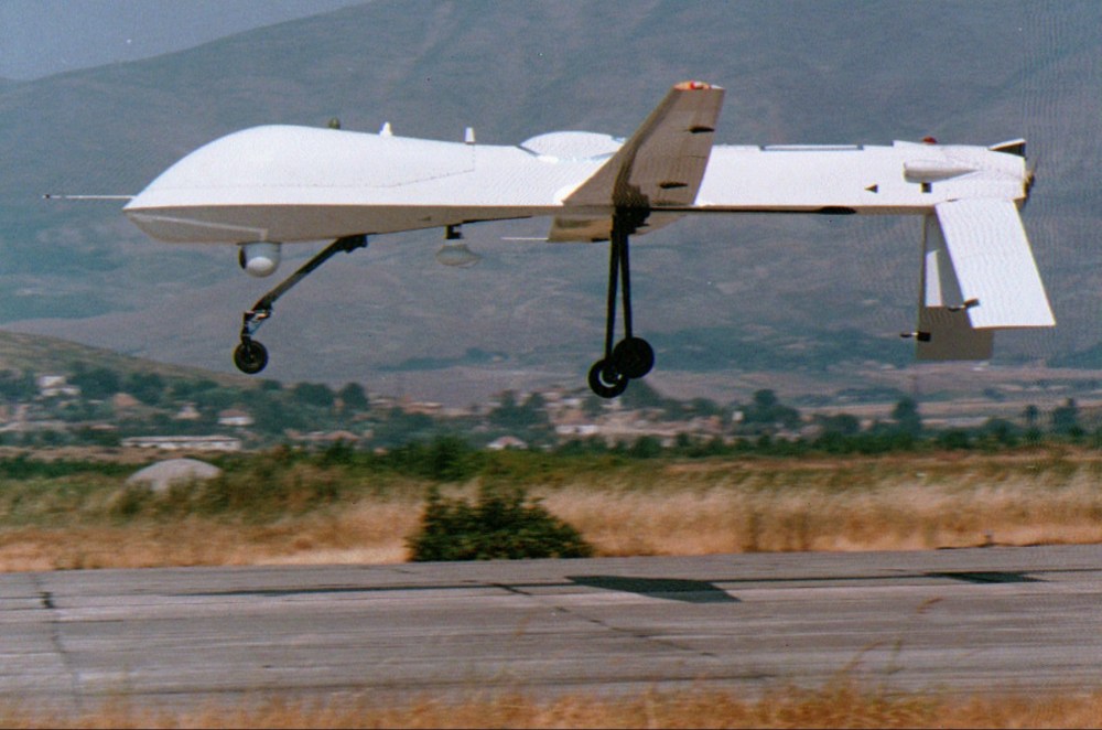 An unmanned U.S. Predator drone makes a landing after completing a flight over former Yugoslavia at the remote air base of Gjader in north central Albania on Friday, July 21, 1995. The state-of-the-art surveillance drones in use here have never been...