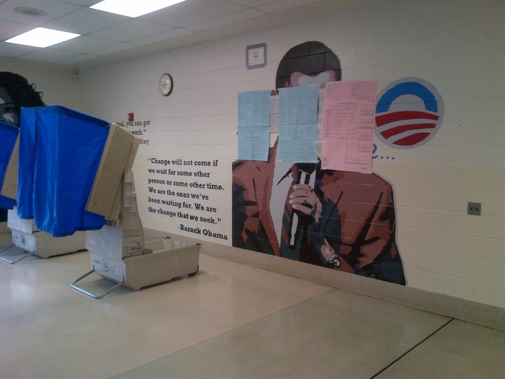 The mural at a Philadelphia polling place after it had been partially covered by the election official in charge. Courtesy: WCAU