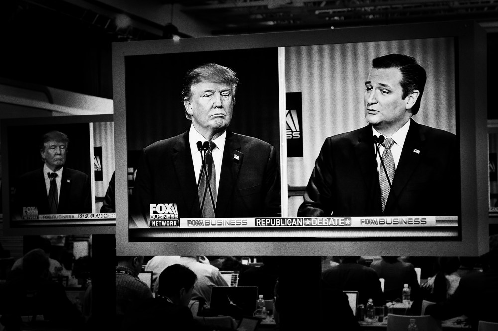 Donald Trump and Ted Cruz argue on-screen at the Republican Presidential debate in North Charleston, S.C. on Jan. 14, 2016. (Photo by Mark Peterson/Redux for MSNBC)