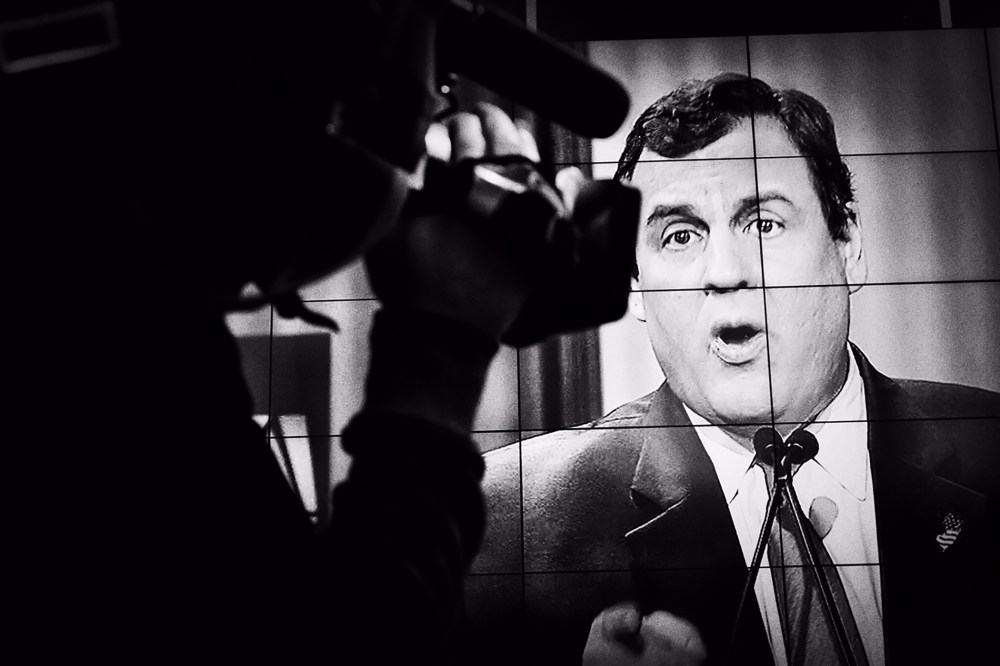 Chris Christie appears on-screen at the Republican Presidential debate in North Charleston, S.C. on Jan. 14, 2016. (Photo by Mark Peterson/Redux for MSNBC)