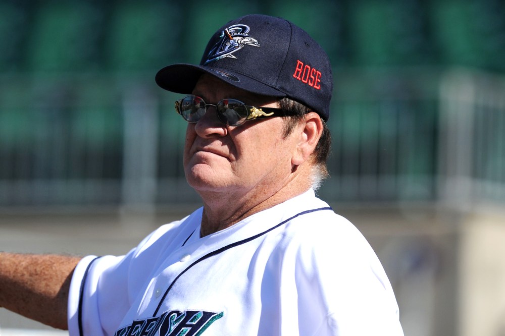 Former Major League Baseball player Pete Rose looks on during batting practice prior to managing the game for the Bridgeport Bluefish at The Ballpark at Harbor Yard on June 16, 2014 in Bridgeport, Conn. (Photo by Christopher Pasatieri/Getty)