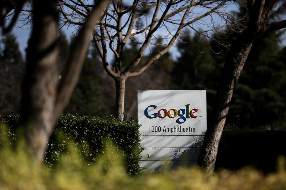 A sign is posted outside of Google headquarters on Jan. 30, 2014 in Mountain View, Calif. (Photo by Justin Sullivan/Getty)