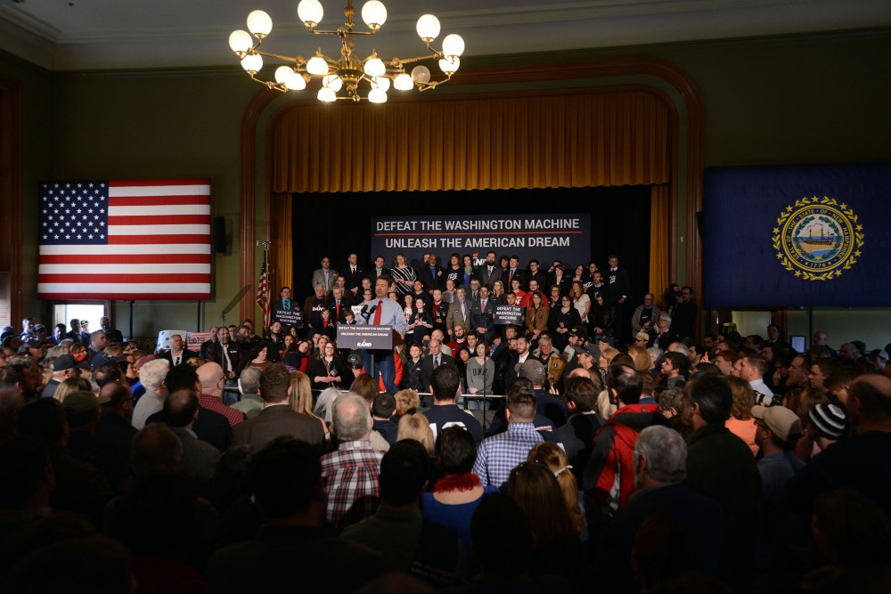 U.S. Sen. Rand Paul (R-KY) speaks during a rally at Town Hall in Milford, N.H. on Apr. 8, 2015 (Photo by Darren McCollester/Getty).