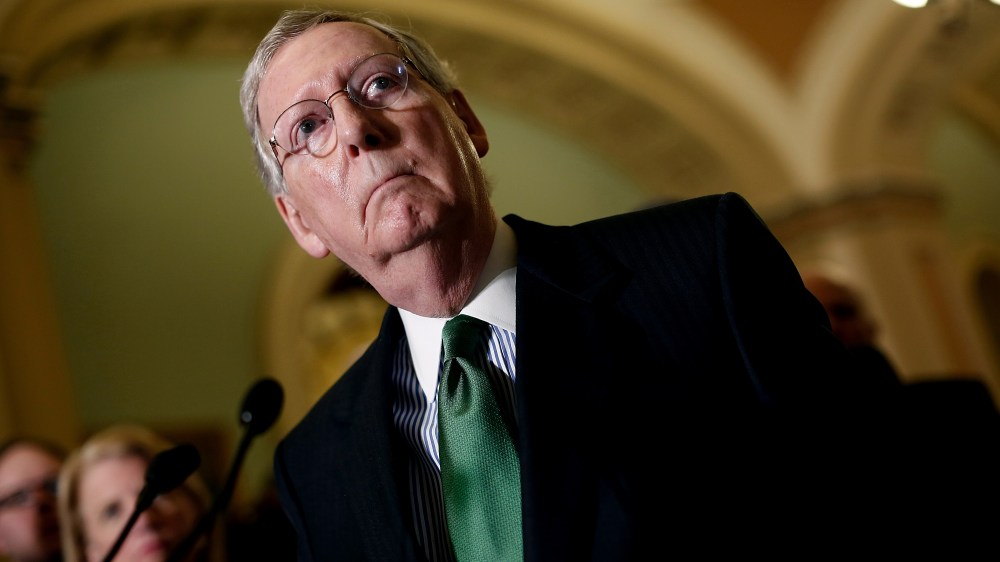 Senate Majority Leader Mitch McConnell (R-KY) answers questions as members of the Republican leadership speak about the Defense Authorization Bill following caucus luncheons at the U.S. Capitol June 9, 2015. (Photo by Win McNamee/Getty)