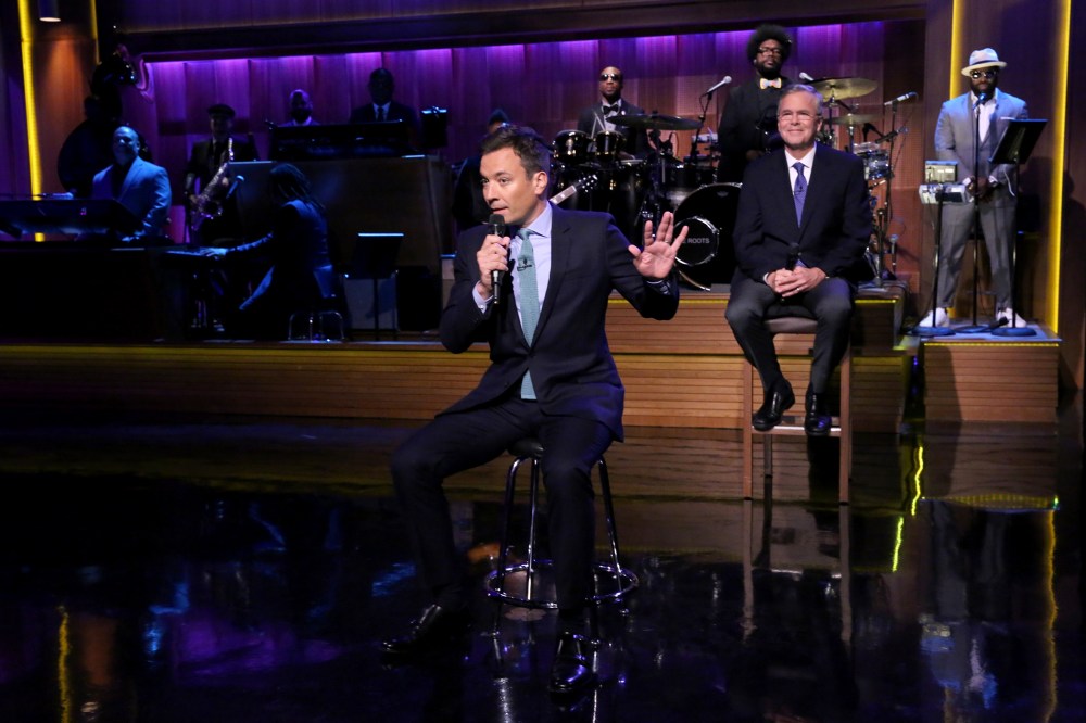 Host Jimmy Fallon and Former Governor Jeb Bush "Slow Jam the News" on The Tonight Show, June 16, 2015.(Photo by Douglas Gorenstein/NBC/NBCU Photo Bank/Getty)