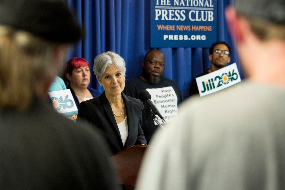 Jill Stein takes questions after announcing that she will seek the Green Party's presidential nomination, at the National Press Club on June 23, 2015 in Washington, DC. (Photo by Drew Angerer/Getty)