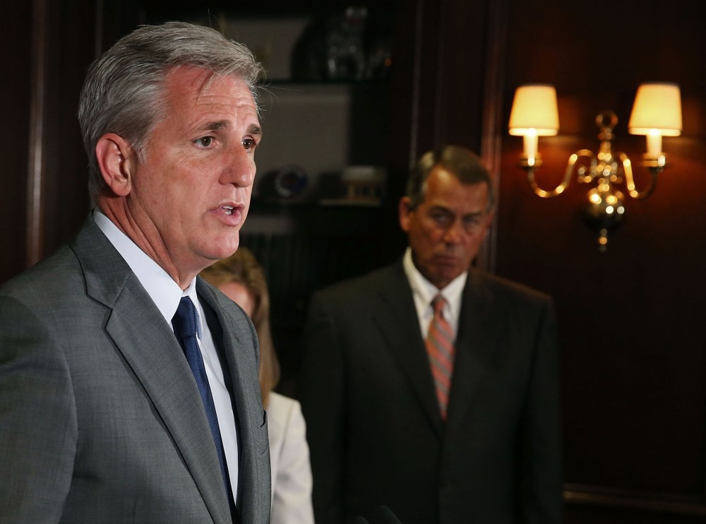 House Majority Leader Kevin McCarthy (R-CA) (L) speaks while flanked by House Speaker John Boehner (R-OH) during a news conference at GOP headquarters on Capitol Hill, July 22, 2015. (Photo by Mark Wilson/Getty)