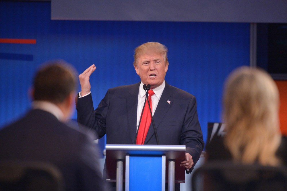 Donald Trump delivers his closing statement during the prime time Republican presidential primary debate on August 6, 2015. (Photo by  Mandel Ngan/AFP/Getty)