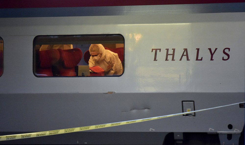 Police inspect the crime scene inside a Thalys train of French national railway operator SNCF at the main train station in Arras, northern France, on Aug. 21, 2015. (Photo by Philippe Huguen/AFP/Getty)