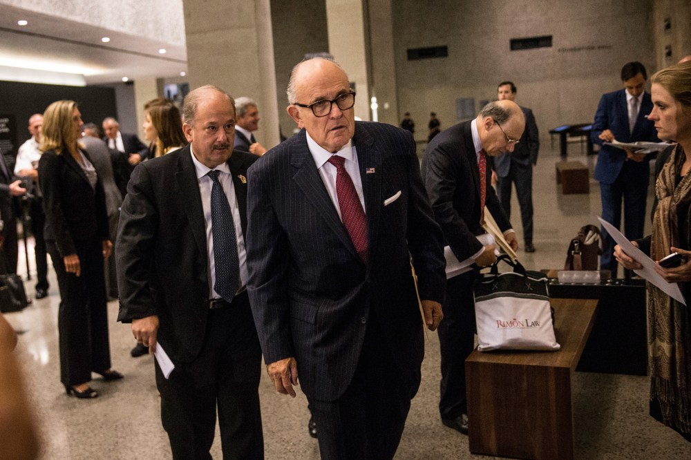 Former Mayor of New York City Rudy Giuliani waits to testify at a U.S. House of Representatives Committee on Homeland Security hearing at the National September 11 Memorial and Museum on Sep. 8, 2015. (Photo by Andrew Burton/Getty)