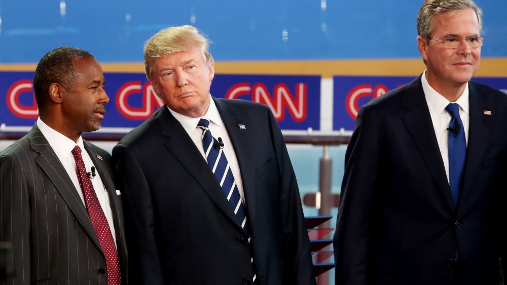 Republican presidential candidates take part in the presidential debates at the Reagan Library on Sept. 16, 2015 in Simi Valley, Calif. (Photo by Justin Sullivan/Getty)