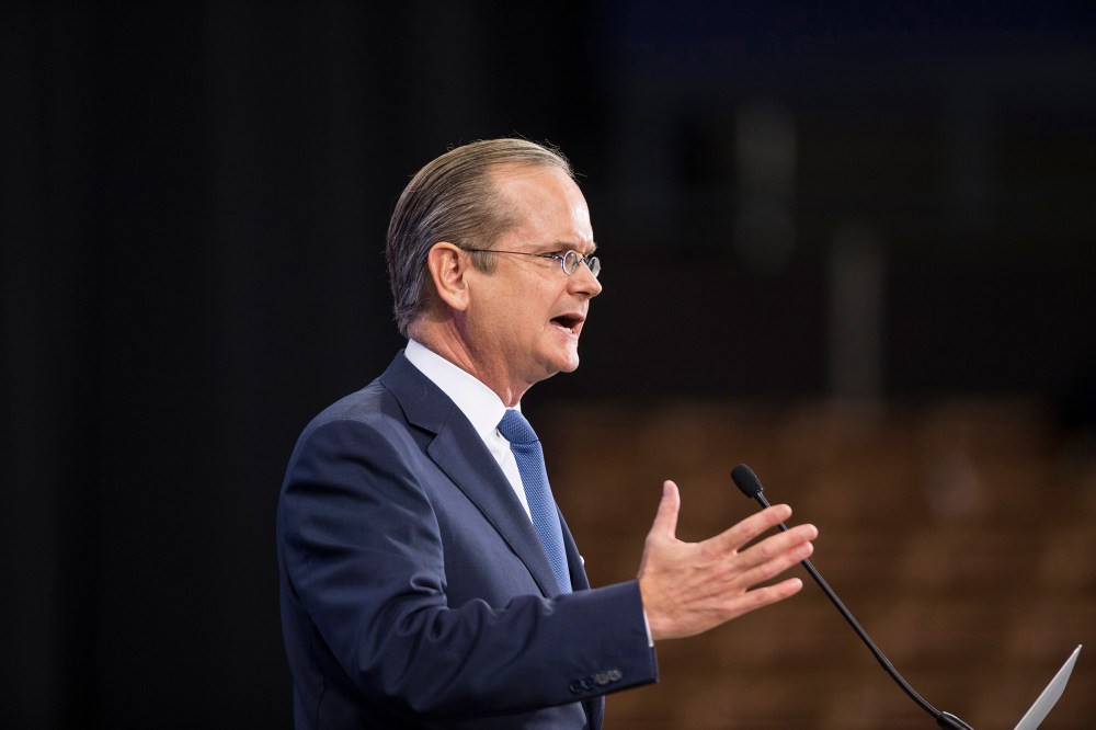 Democratic presidential candidate Lawrence Lessig speaks on stage at the New Hampshire Democratic Party State Convention on Sept. 19, 2015 in Manchester, N.H. (Photo by Scott Eisen/Getty)