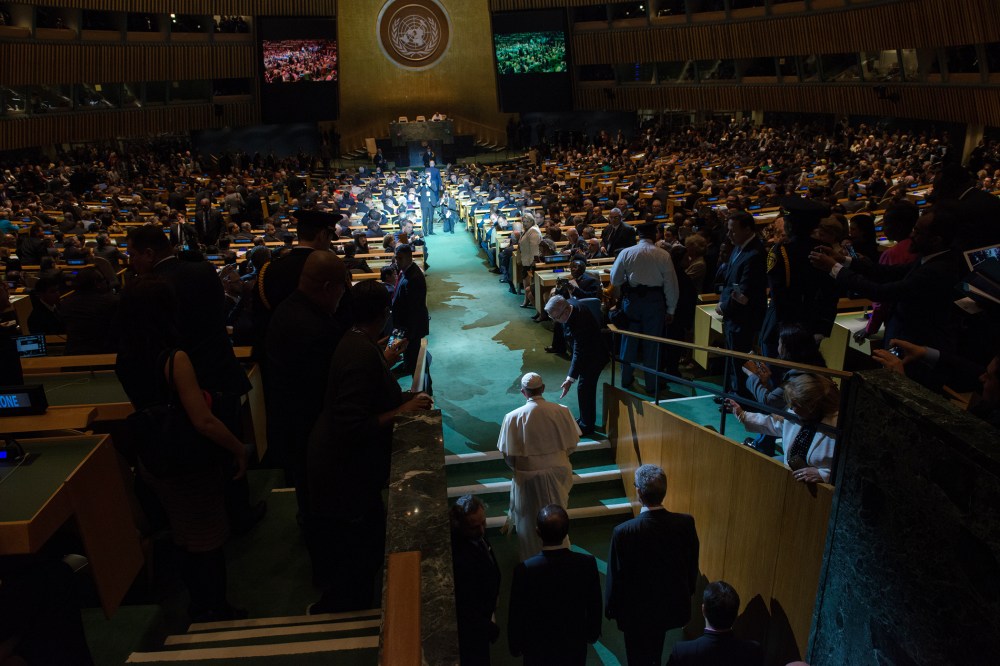 Pope Francis enters the General Assembly of the United Nations on Sept. 25, 2015 in New York City. (Photo by Bryan Thomas/Getty)