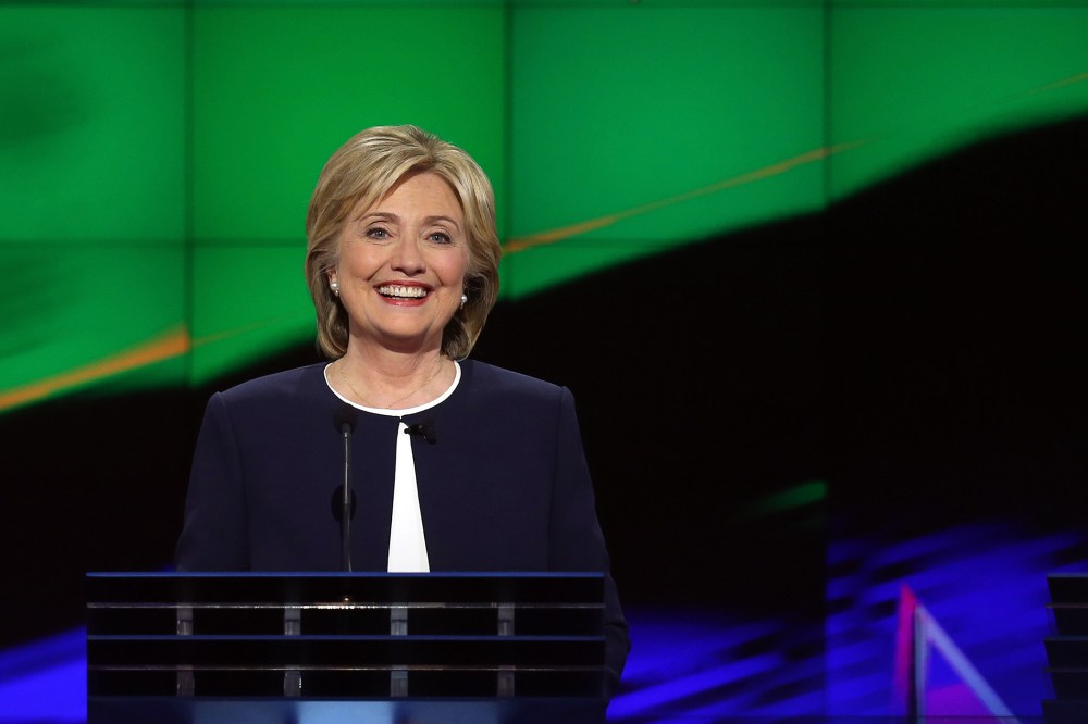 Democratic presidential candidate Hillary Clinton takes part in a presidential debate sponsored by CNN and Facebook at Wynn Las Vegas on Oct. 13, 2015 in Las Vegas, Nev. (Photo by Joe Raedle/Getty)