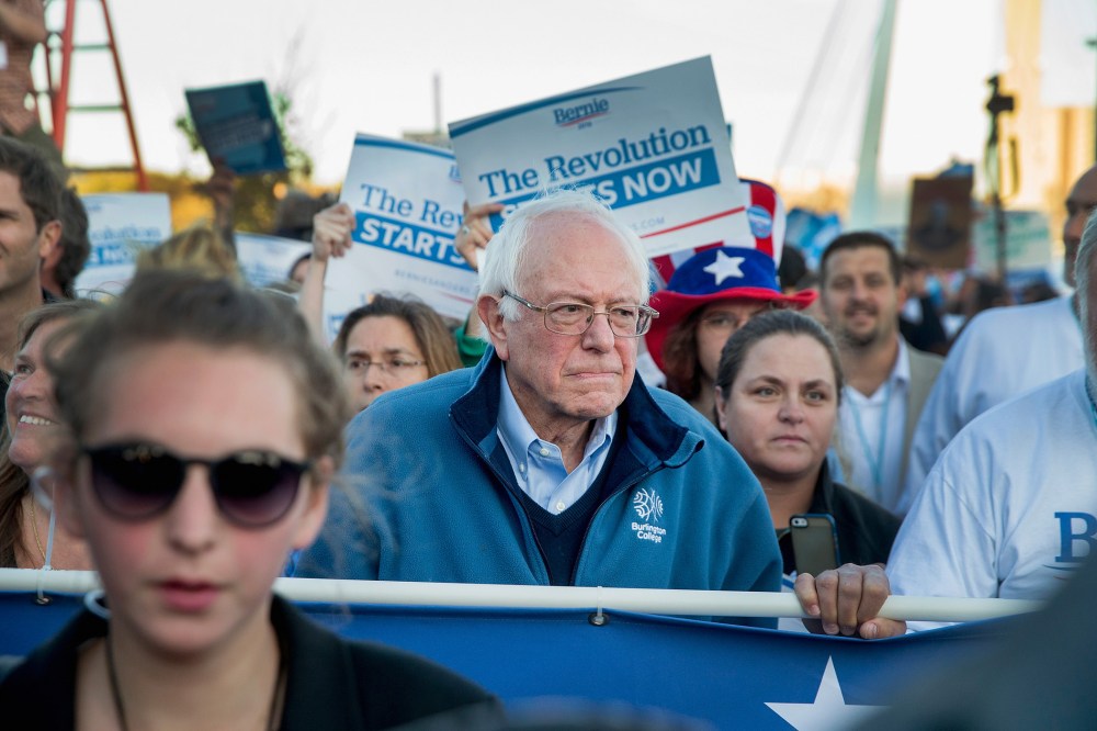 Democratic presidential candidate Senator Bernie Sanders (I-VT) leads a march to the Iowa Events Center before the start of the Jefferson-Jackson dinner on Oct. 24, 2015 in Des Moines, Ia. (Photo by Scott Olson/Getty)