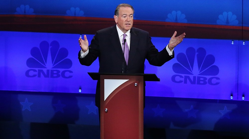 Presidential candidate Ohio Governor Mike Huckabee speaks in the CNBC Republican Presidential Debate, Oct. 28, 2015 in Boulder, Colo. (Photo by Andrew Burton/Getty)