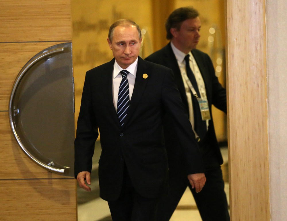 Russian President Vladimir Putin arrives to make a speech following the G20 Antalya Summit on Nov. 16, 2015 in Antalya, Turkey. (Photo by Sasha Mordovets/Getty)