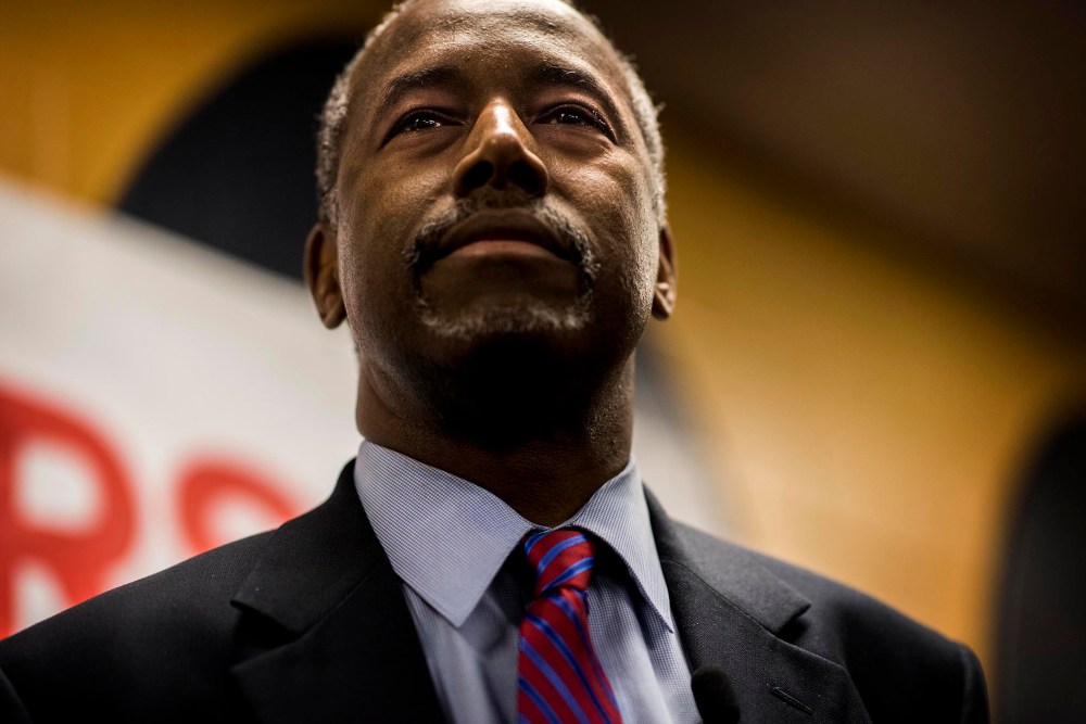 Republican Presidential candidate Dr. Ben Carson answers questions from a gathering of media after the 2020 Presidential Forum Justice Forum 2015 in Columbia, South Carolina on Nov. 21, 2015. (Photo by Melina Mara/The Washington Post/Getty)