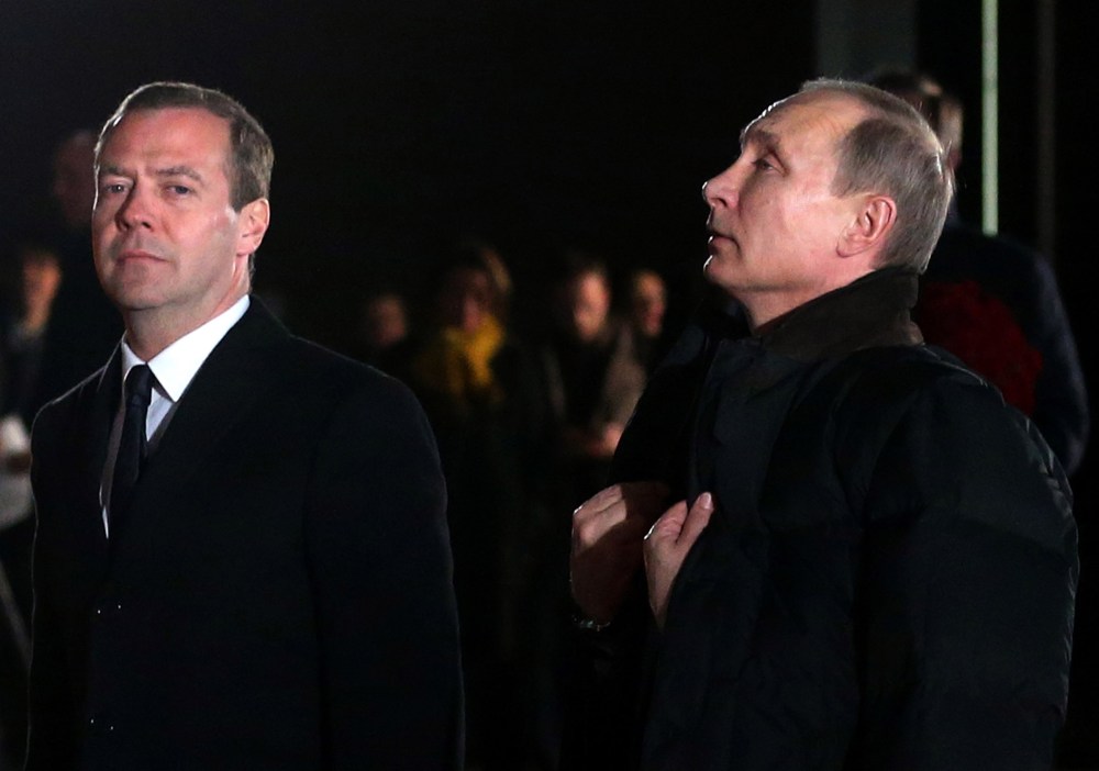 Russian President Vladimir Putin and Russian Prime Minister Dmitry Medvedev during the opening of the Yeltsin Center on Nov. 25, 2015 in Nizhny Tagil, near Yekaterinburg, Russia. (Photo by Sasha Mordovets/Getty)