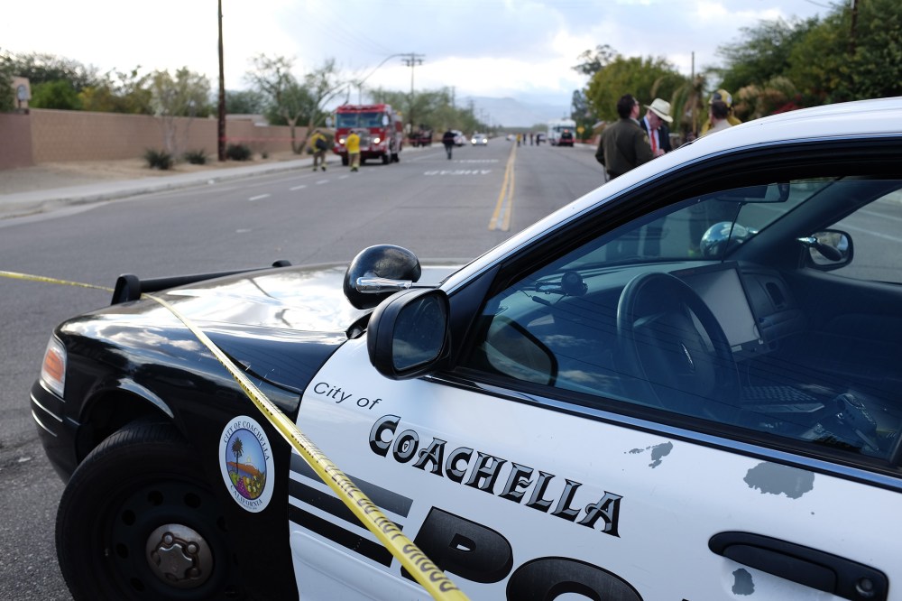 A police car is parked near the Islamic Society of Palm Springs in Coachella, California on Dec. 11, 2015, after the area was sealed off when a fire broke out at the mosque. (Photo by Guillaume Meyer/AFP/Getty)