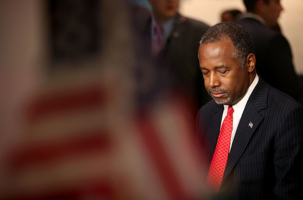 Republican presidential candidate Ben Carson prepares for a television interview before the start of the CNN republican presidential debate at The Venetian Las Vegas on Dec. 15, 2015 in Las Vegas, Nev. (Photo by Justin Sullivan/Getty)