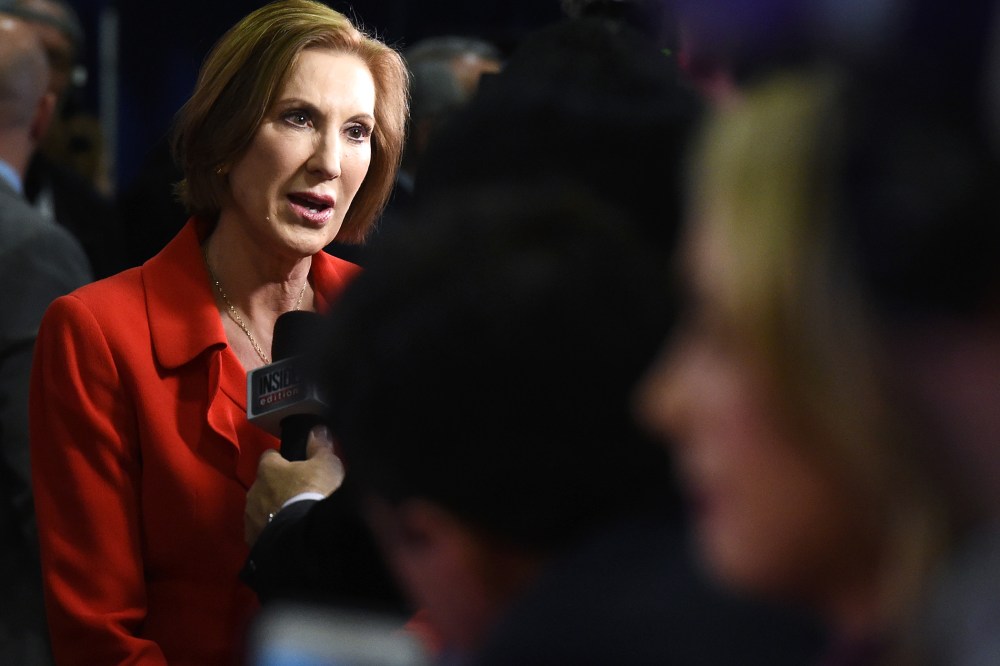 Republican presidential candidate Carly Fiorina talks to reporters in the spin room following the CNN presidential debate on Dec. 15, 2015 in Las Vegas, Nev. (Photo by Ethan Miller/Getty)