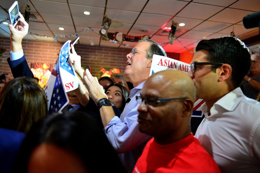 Republican presidential candidate and former Florida Governor Jeb Bush holds a meet and greet at Chico's Restaurant on Dec. 28, 2015 in Hialeah, Florida. (Photo by Johnny Louis/FilmMagic/Getty)