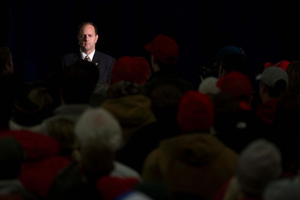 A Secret Service agent looks on as Republican presidential candidate Donald Trump speaks at Hansen Agriculture Student Learning Center at Iowa State University on Jan. 19, 2016 in Ames, Ia. (Photo by Aaron P. Bernstein/Getty)