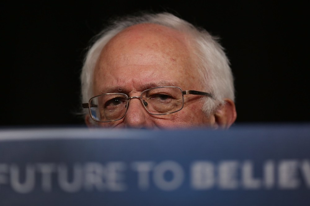 Democratic presidential candidate Sen. Bernie Sanders (I-VT) speaks from behind his podium during a forum at Roosevelt High School on Jan. 28, 2016 in Des Moines, Iowa. (Photo by Joe Raedle/Getty)